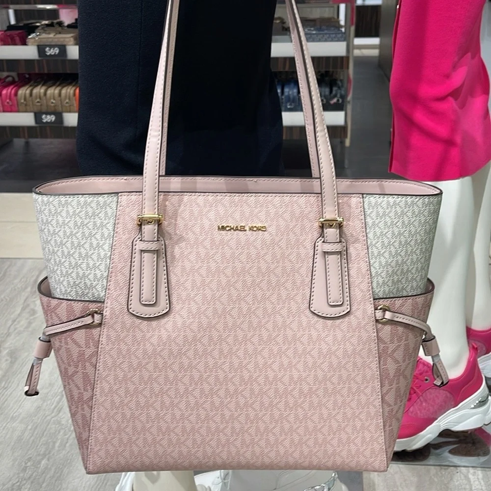 Michael Kors Voyager Large Color-Block Signature Logo Tote Bag Powder Blush Mult